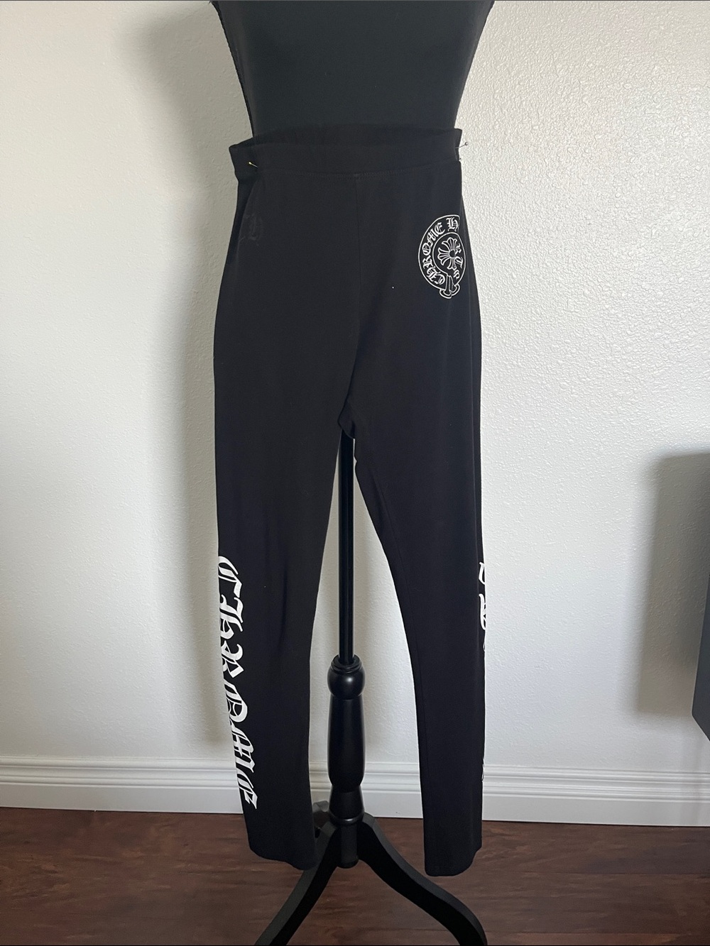 Chrome Hearts Black Leggings with Silver Gothic Logo Print